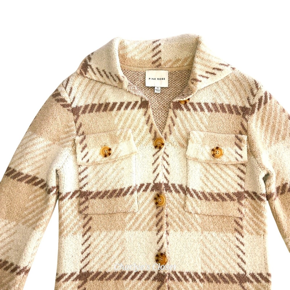 Pink Rose Plaid Knit Flannel Shacket XS Cozy Granola Girl Cabincore Button Up